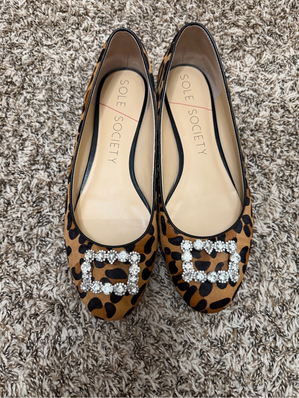 Sole Society Leopard Print Flats with Crystal Buckle - Tan/Black